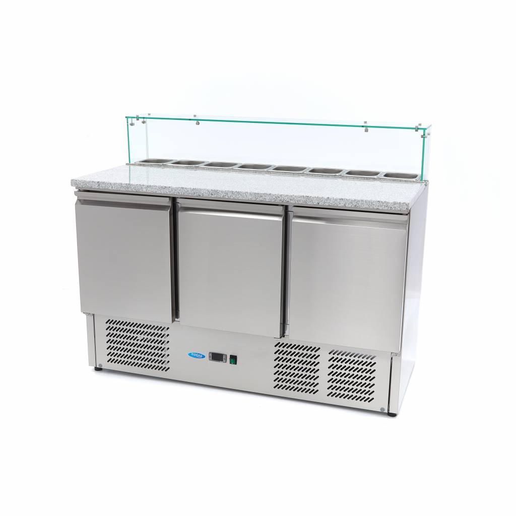 Kylbord / pizzabänk - 137 cm - 3 dörrar - Passar 8 x 1/6 GN - inkl. glaslock