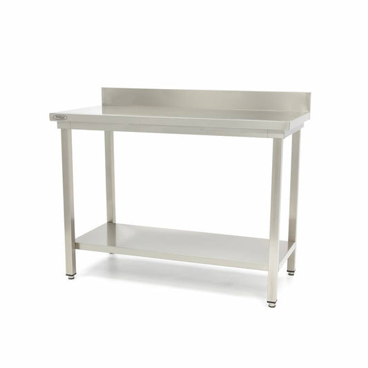 Bord i rostfritt stål - 60 x 60 cm - Justerbar höjd - med ryggplatta och förvaringshylla
