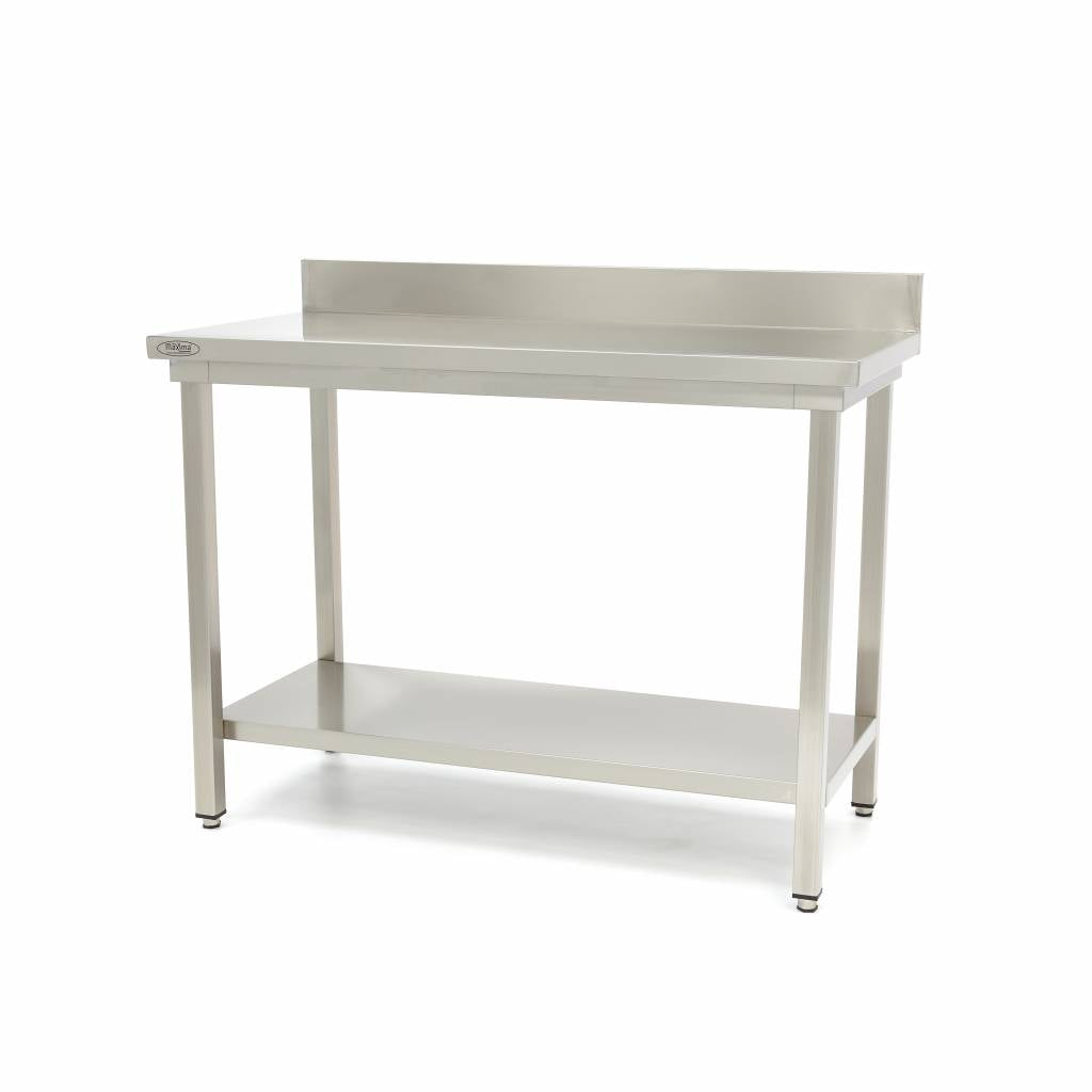 Bord i rostfritt stål - 80 x 60 cm - Justerbar höjd - med ryggplatta och förvaringshylla