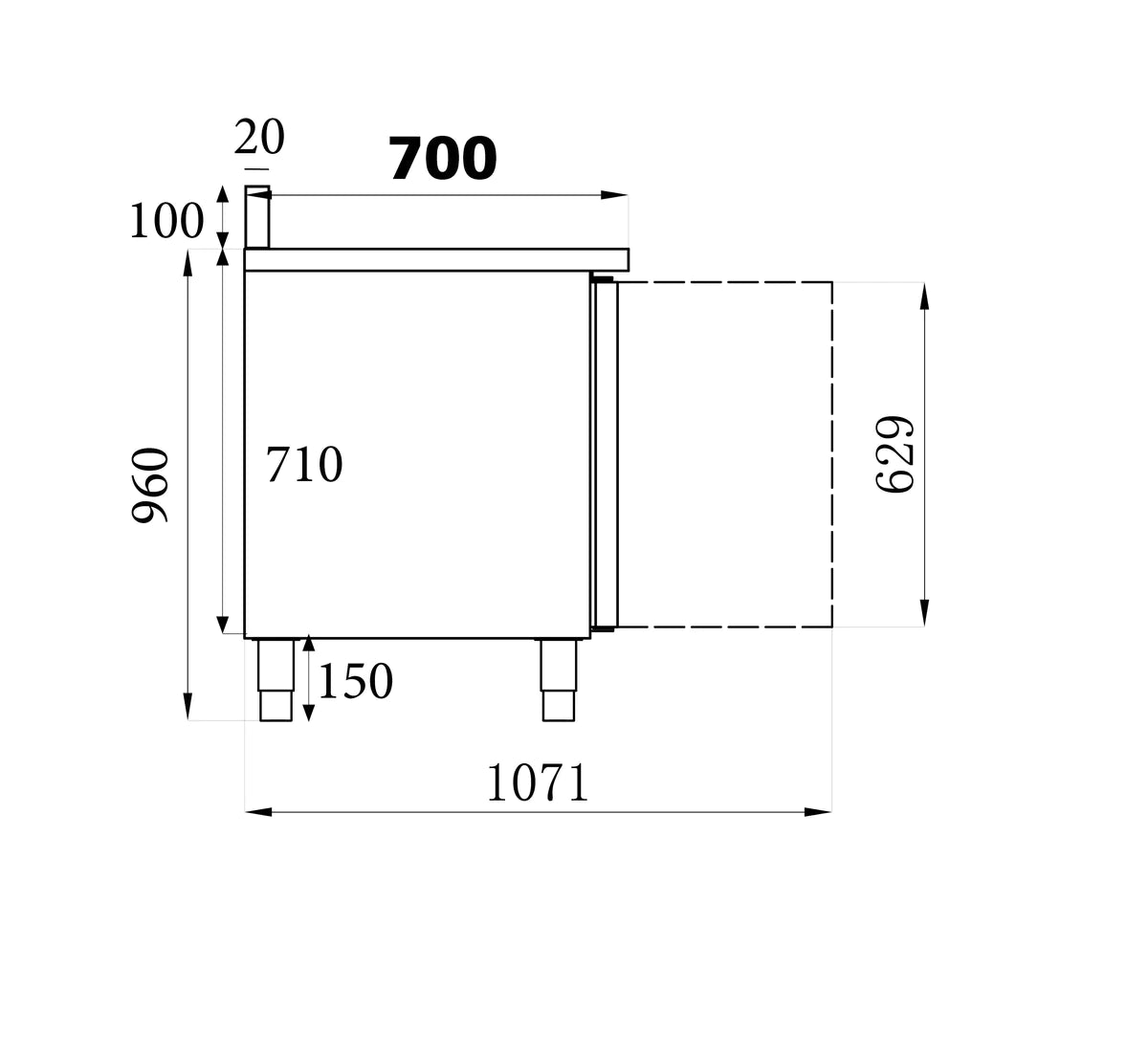 Kylbänk - 2 dörrar - Hög bakkant - 700 mm djup